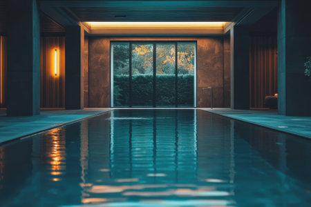 Indoor swimming pool with still water reflects soft lighting and lush greenery beyond glass doors.の写真素材