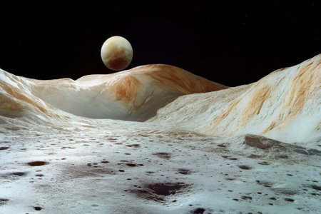 An alien moon features rugged terrain and craters under a starry sky, with a massive planet glowing above.の写真素材