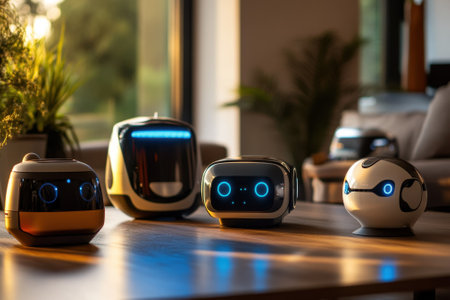 Four distinct robots with blue lights are placed on a wooden table in a stylish living area, showcasing technology.の写真素材