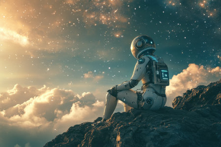 An astronaut sits on a rocky outcrop, overlooking clouds and a vast starry sky filled with bright celestial bodies.の写真素材