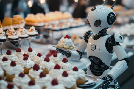 A humanoid robot holds a dessert plate, showing technology and creativity among delicious pastries.の写真素材