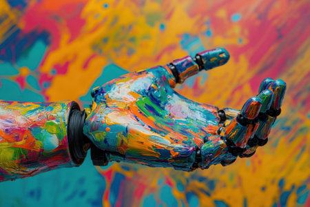 A colorful robotic hand reaches out, showing artistic paint patterns set against a vivid backdrop.の写真素材