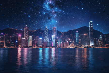 Bright city skyline showcases tall buildings and vibrant lights against a starry night sky over water.の写真素材
