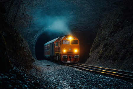 A red train nears a tunnel entrance surrounded by trees, its headlights cutting through dusk's gloom.の写真素材