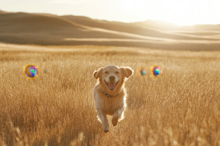 A joyful golden retriever plays in a vast field of tall grass during a beautiful sunset.の写真素材
