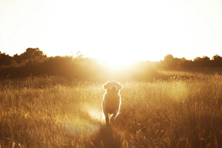 Golden retriever joyfully moves across a sunlit field during sunset, capturing a peaceful, natural setting.の写真素材