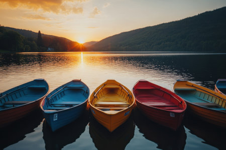 Five vibrant boats line the shore, reflecting orange and yellow hues of sunset on calm waters.の写真素材