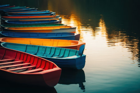 Brightly colored boats are arranged neatly along the shore of a tranquil lake at sunset, creating a picturesque view.の写真素材
