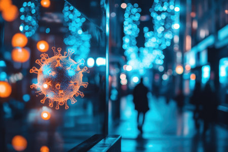 Vibrant city street illuminated by decorative lights, with a virus graphic symbolizing health concerns.の写真素材