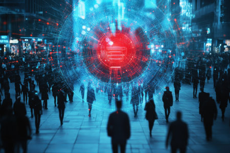 Large group of people walking in an urban area at night with bright city lights and digital technology effects.の写真素材