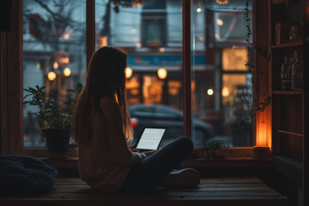 A young woman sits cross-legged by a window, enjoying a book as evening settles outside.の写真素材