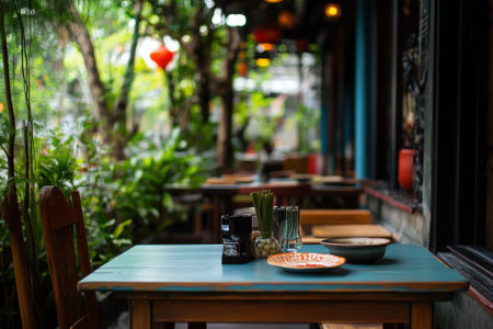 Outdoor tables in a garden cafe with vibrant lanterns and greenery create a relaxing atmosphere.の写真素材
