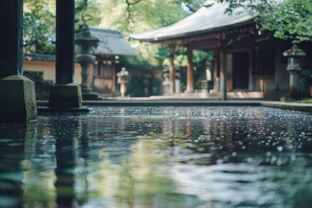 Raindrops create ripples on calm water as traditional structures stand quietly in a lush garden.の写真素材