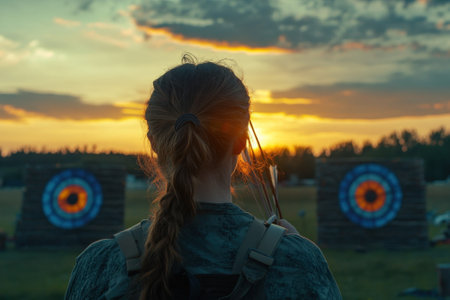 Archer prepares to shoot arrows toward targets as the sun sets behind a beautiful natural backdrop.の写真素材