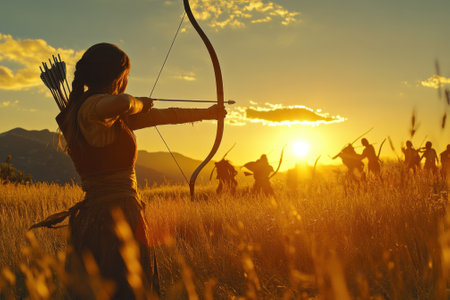 A group of archers practices in a golden field at sunset, showing their skills against a picturesque backdrop.の写真素材