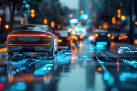 Cars navigate a vibrant city street enhanced with digital overlays, showcasing a modern, tech-inspired environment.の写真素材