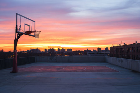 A vibrant sunset casts colorful hues over an empty basketball court, with city buildings silhouetted.の写真素材