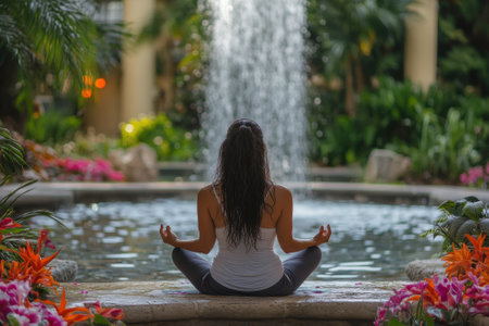 A woman practices meditation near a beautiful waterfall, with colorful flowers in a peaceful garden setting.の写真素材