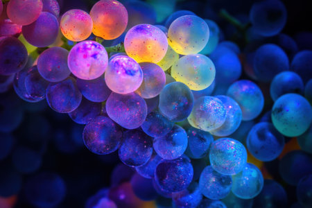 Grapes illuminated by colorful light create a stunning and captivating visual experience.の写真素材