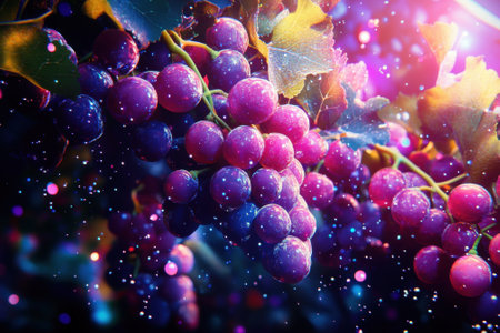 Lush clusters of purple grapes glisten under a magical twilight atmosphere, highlighting their freshness.の写真素材