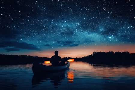 A person paddles a canoe beneath a vibrant starry sky at twilight over a calm lake.の写真素材