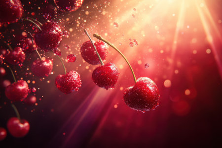 Fresh cherries hang in the air, glistening with water droplets, illuminated by warm sunlight beams creating sparkle.の写真素材