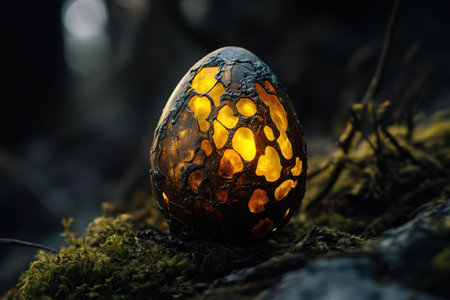 A distinctive egg with a cracked surface illuminates warmly among lush moss in a magical forest during twilight.の写真素材