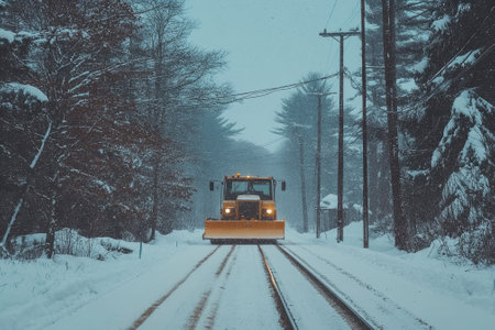 A large snow plow works to clear a snow-covered road surrounded by trees in winter conditions.の写真素材