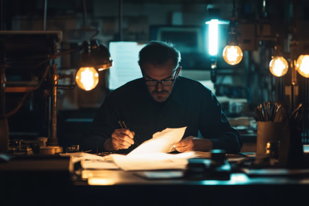 A focused artisan meticulously works on detailed designs under warm glowing lights, surrounded by tools.の写真素材