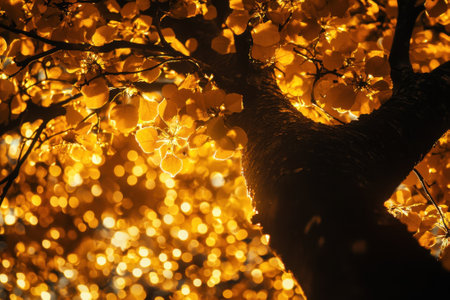 Bright golden leaves catch sunlight, creating a warm and serene atmosphere among the trees during autumn.の素材