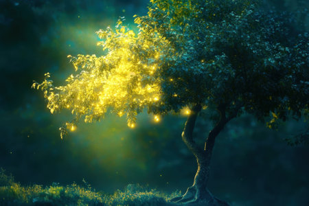 A tree radiates soft yellow lights in a tranquil evening setting, creating a mystical atmosphere.の写真素材