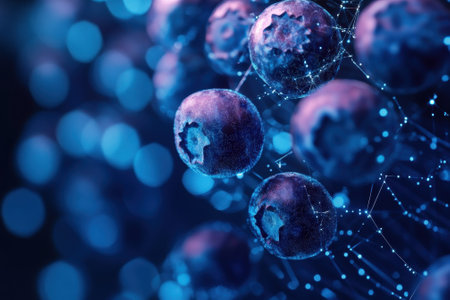Blueberries are showcased with a digital molecular connection on a blue background, emphasizing freshness and science.の写真素材