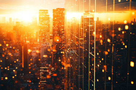 The city skyline glows as the sun sets, casting warm golden hues on modern glass skyscrapers.の写真素材