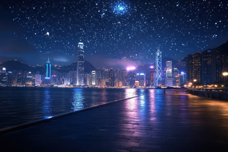 Colorful lights reflect on the water as the Hong Kong skyline shines against a starry night backdrop.の写真素材