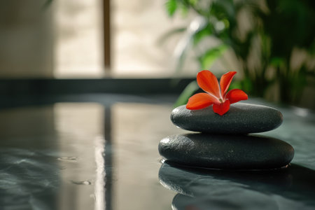 Black stones balanced with a vibrant red flower in a calm spa, enhancing relaxation and tranquility.の写真素材