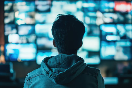 Individual focuses intently on numerous illuminated screens displaying various information in a dark room.の写真素材