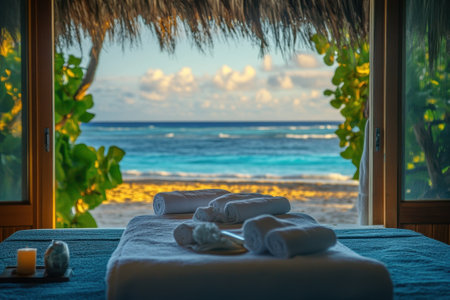 The tranquil environment showcases a spa bed with towels overlooking the serene ocean and sunset.の写真素材