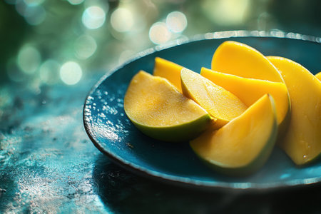 Juicy mango slices are arranged beautifully on a blue plate, enhanced by soft, blurred lighting.の写真素材