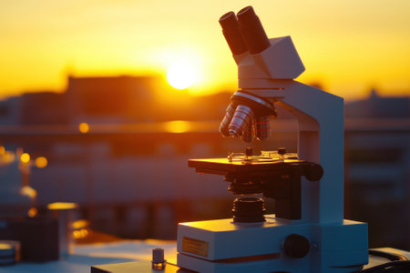 A microscope is positioned on a rooftop with a vibrant sunset, showcasing a city skyline in the background.の写真素材