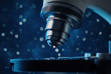 A microscope is positioned above a specimen slide, illuminated against a shimmering background of blurred lights.の写真素材
