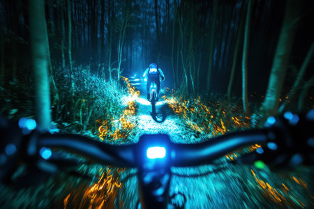 A cyclist rides through a dark forest trail illuminated by bright lights, creating an enchanting atmosphere.の写真素材