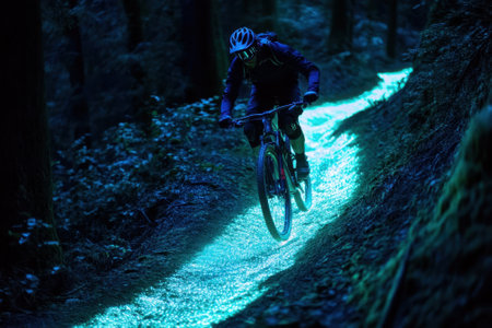 A cyclist rides swiftly along a luminescent path in a serene forest, surrounded by tall trees.の写真素材