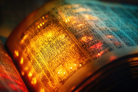 An ancient book rests open, its text illuminated by soft, colorful lights, casting a warm glow in the evening.の写真素材