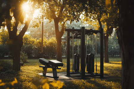 A workout station with equipment is brightened by morning sunlight in a serene park shaded by trees.の写真素材
