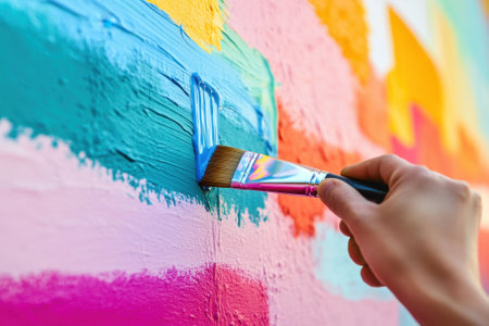 Artist applies bright blue paint to a mural, enhancing the colorful design on a textured wall.の写真素材