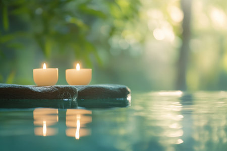 Two lit candles rest on a stone, casting gentle reflections on the peaceful water surrounded by greenery.の写真素材