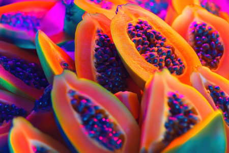 Bright orange papaya halves reveal black seeds, showing vivid colors in a beautiful arrangement.の写真素材