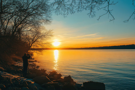 A person stands by the water, taking pictures of a vibrant sunset reflecting on the river.の写真素材