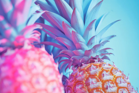 Two striking pineapples display brilliant colors against a vivid blue background, emphasizing their unique textures.の写真素材