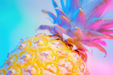 Close-up of a pineapple with a bright and colorful background, showing artistic tones and textures.の写真素材